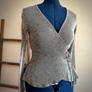 Caution to the Wind Faux Wrap Peplum Top in Black and White Stripes